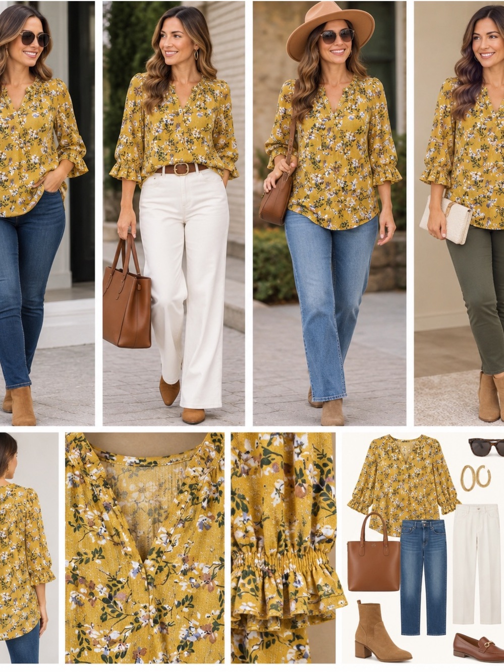 MELLODAY Mustard Floral V-Neck Ruffle Sleeve Blouse